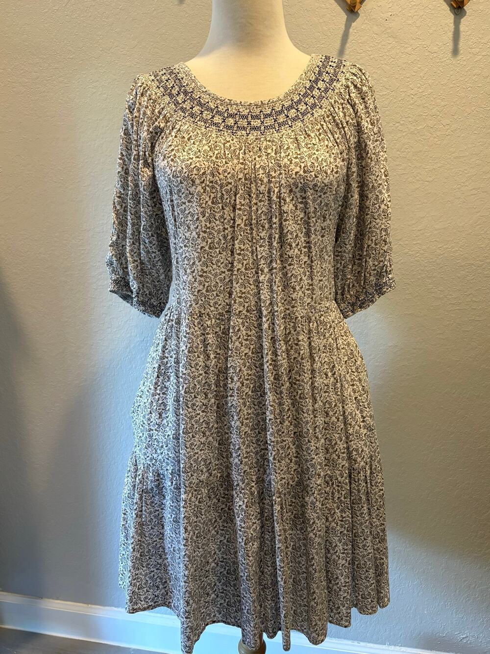 OLD NAVY Flared Mini Tiered Cotton Blend Dress Cream/Brown Floral Sz L Prairie